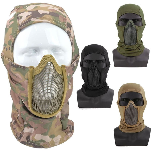 Fabric face covering with mesh panel for airsoft use