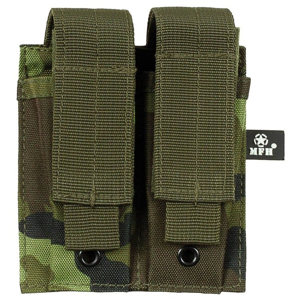Pistol magazine pouch mounted on MOLLE belt for airsoft loadout